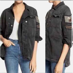 Free People Distressed Beaded Military Shirt Jacket EUC Black Washed Out XS